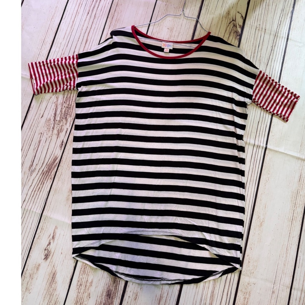 LuLaRoe Irma Tunic Top Womens XS Black White Red Striped High Low Short Sleeve
